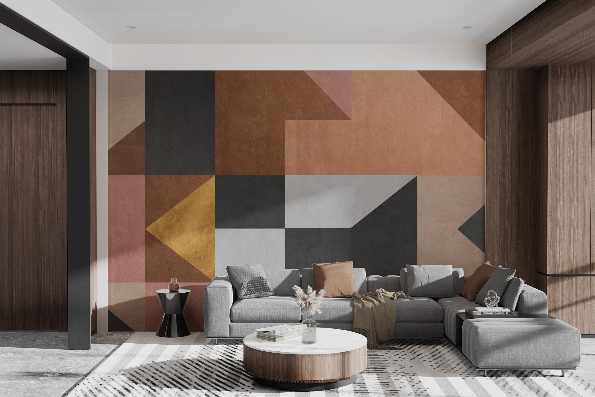 Artistic wall mural featuring bold geometric patterns