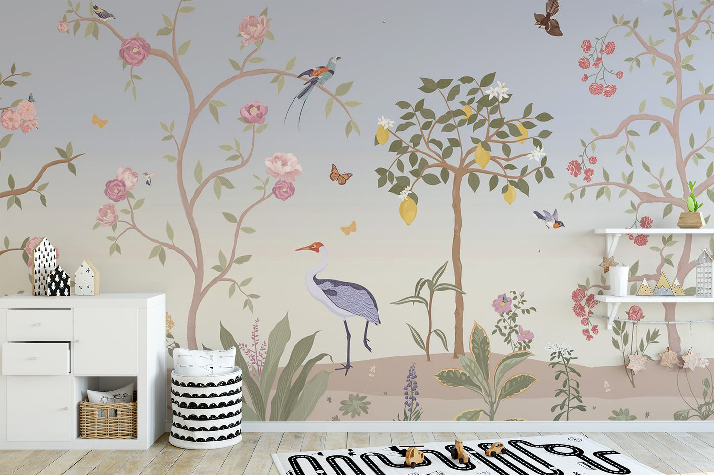 Spring chinoiserie wall mural with intricate floral patterns
