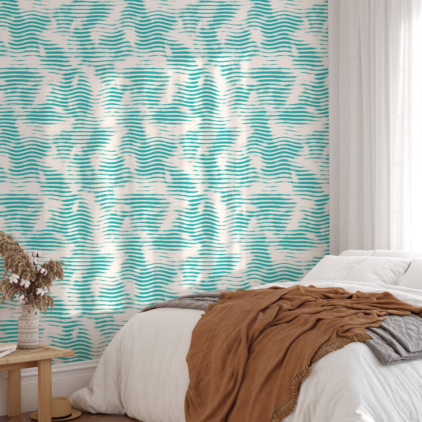 Aegean Teal Broken Stripe Grunge Wave Wallpaper For Walls