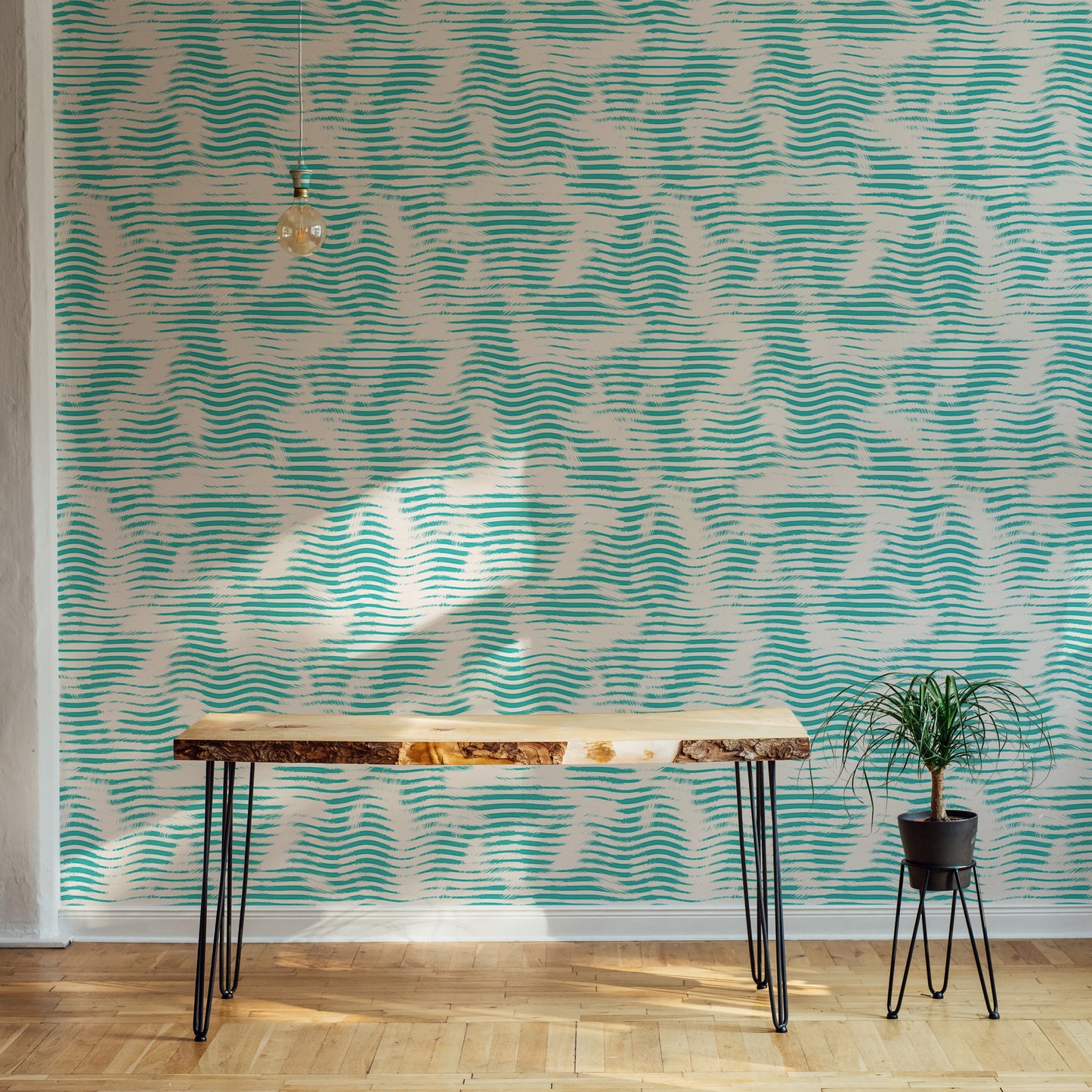 Aegean Teal Broken Stripe Grunge Wave Wallpaper For Walls