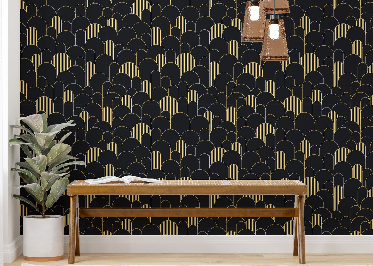 Art Deco Golden Lines Repeat Pattern Wallpaper