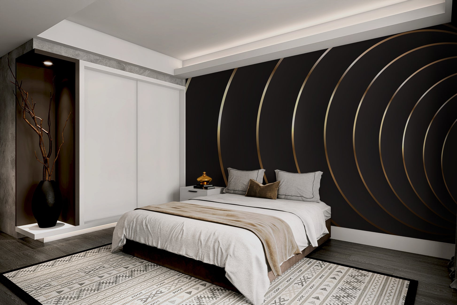 Modern geometric black and gold wall design
