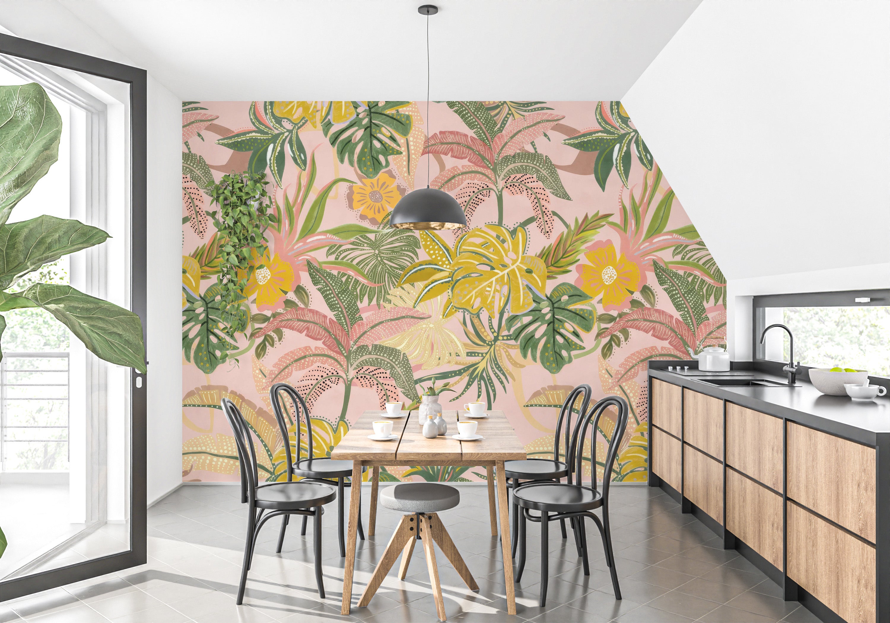 Vibrant tropical leaves wallpaper with colorful designs