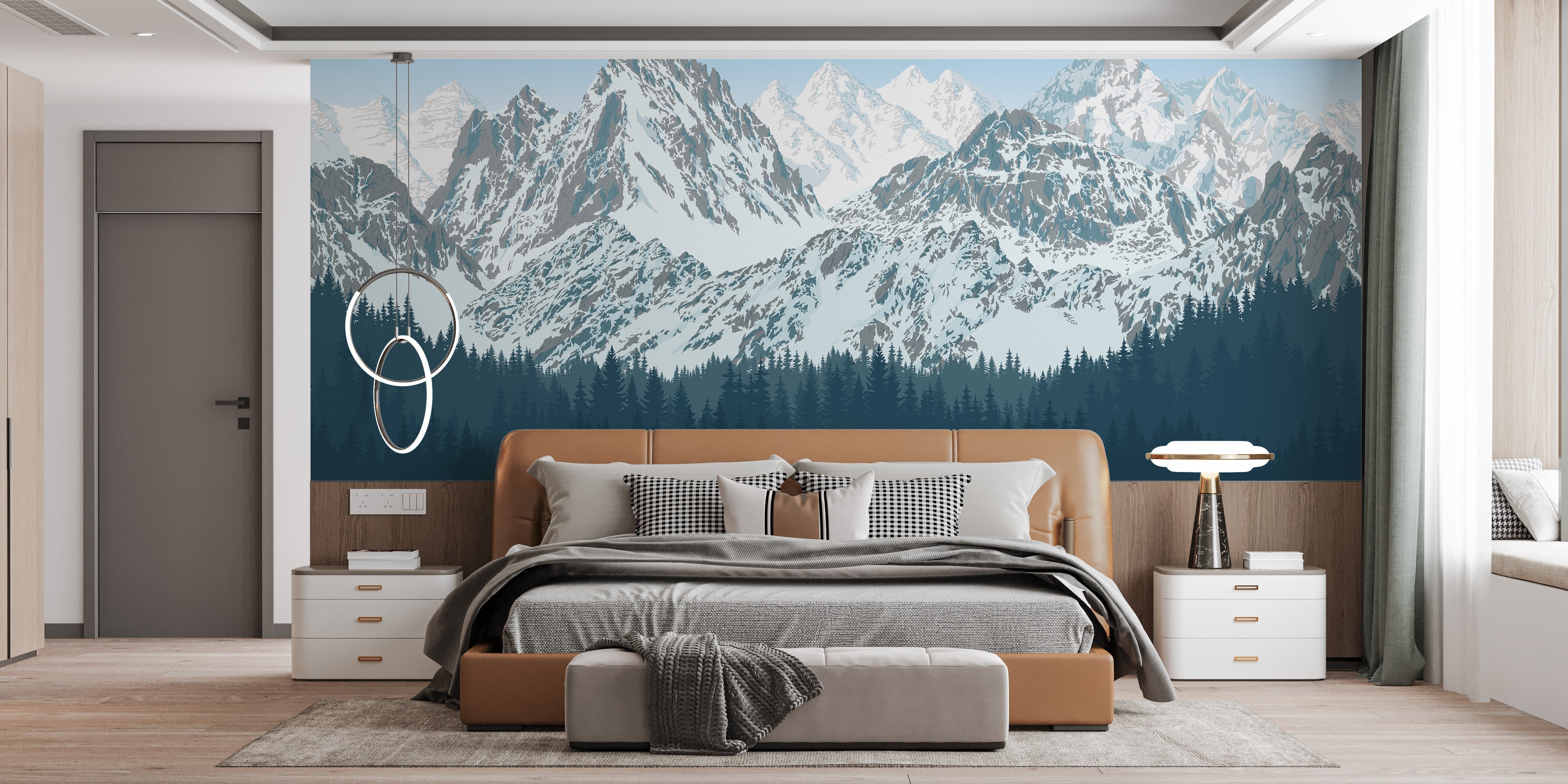 Snowy mountains mural with lush greenery
