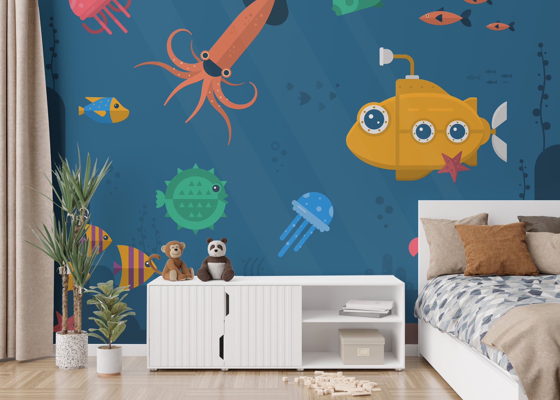 Ocean view wallpaper mural with calm waves
