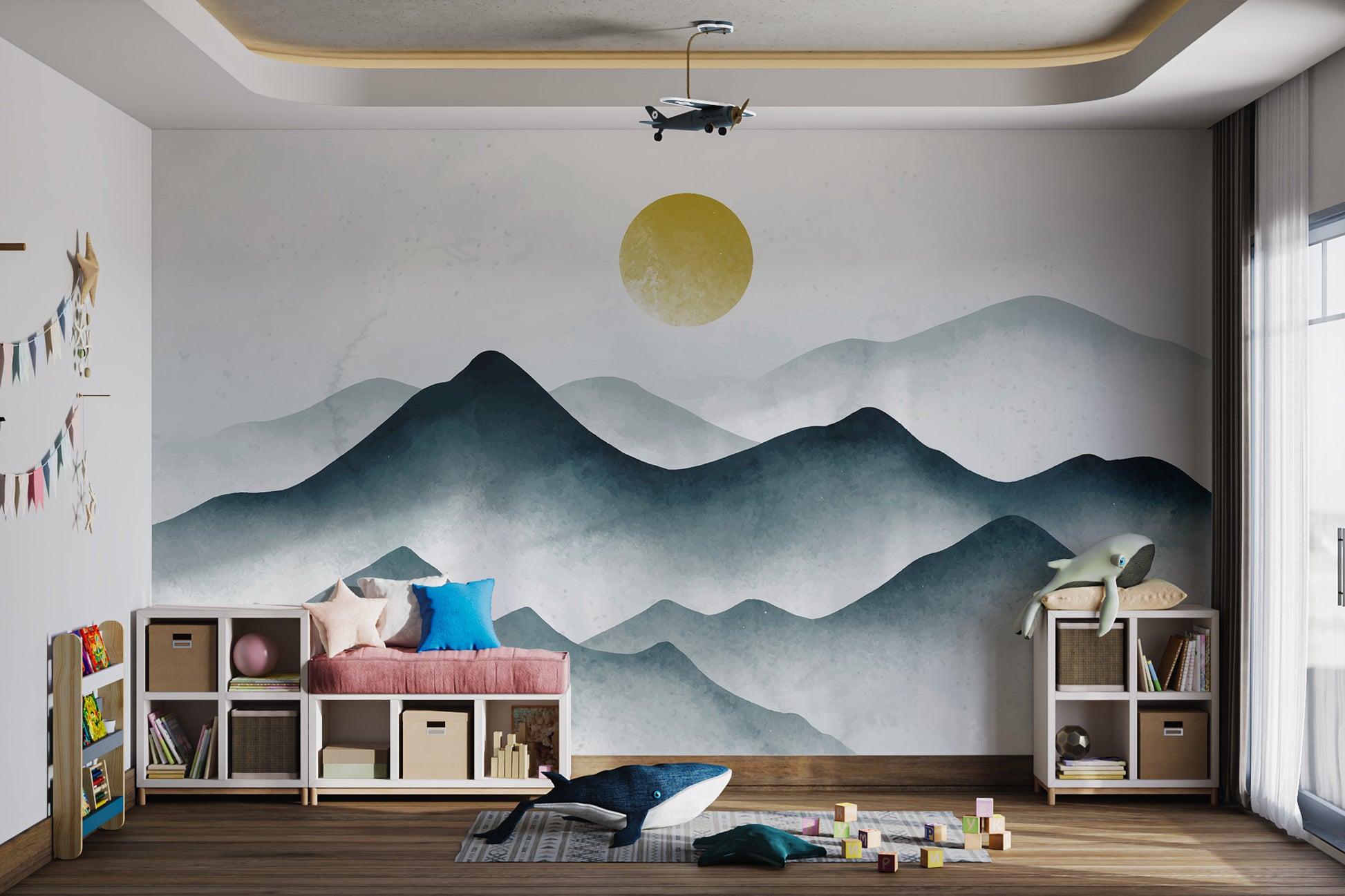 Soft watercolor mountain wallpaper for peaceful interiors
