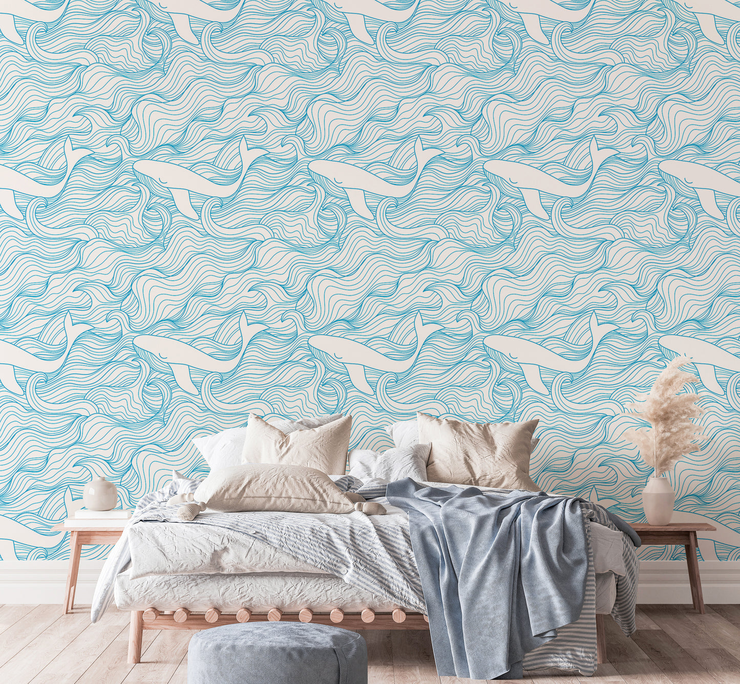 Light Blue Pattern Stormy Waves and Whales Wallpaper