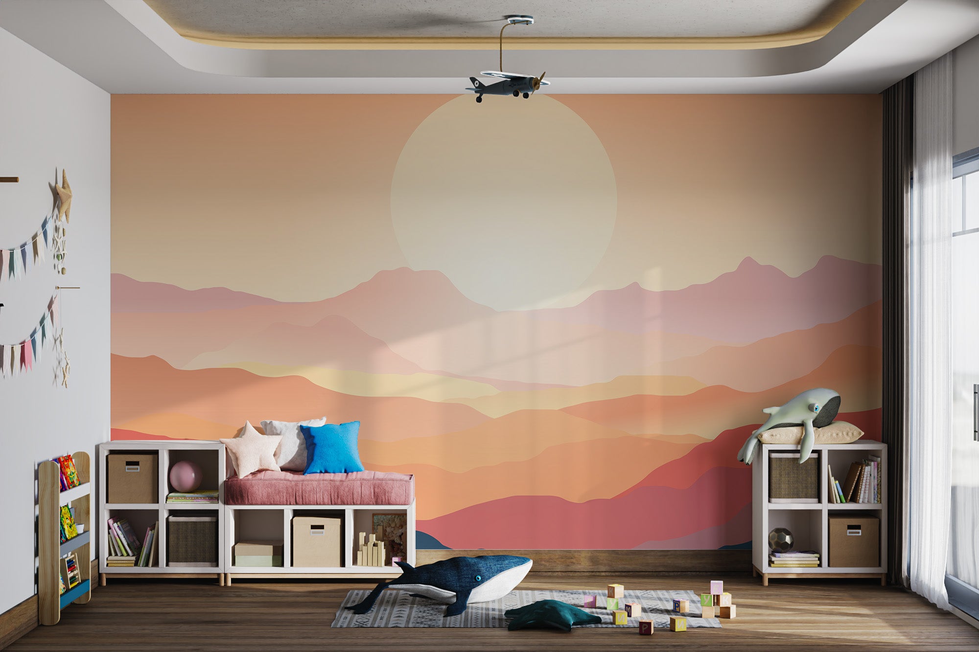 Modern earthy tones mountain wallpaper with sunset glow
