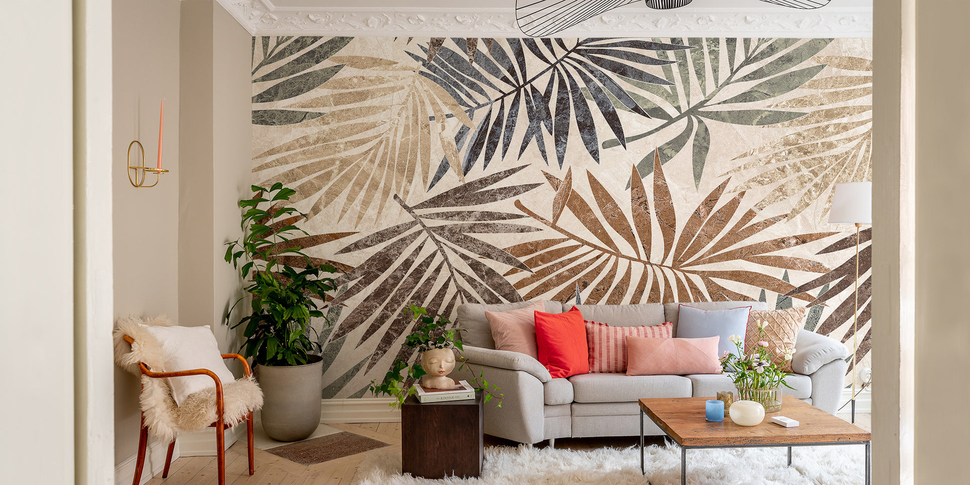 Serene tropical palm mural for interiors.
