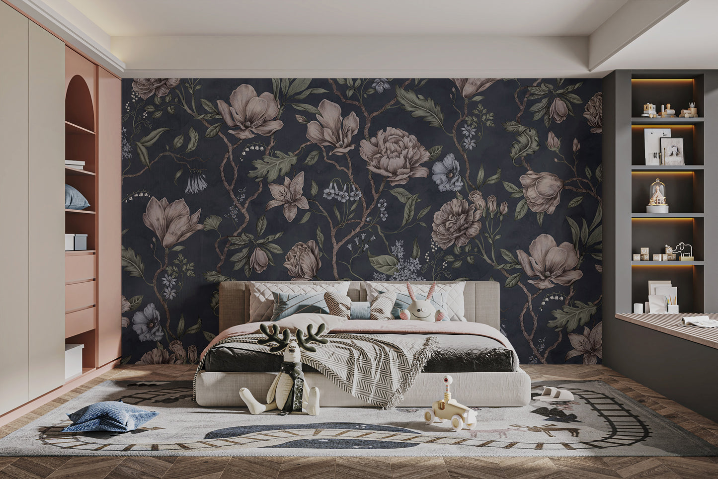 Decorative dark blue chinoiserie wall mural for chic design