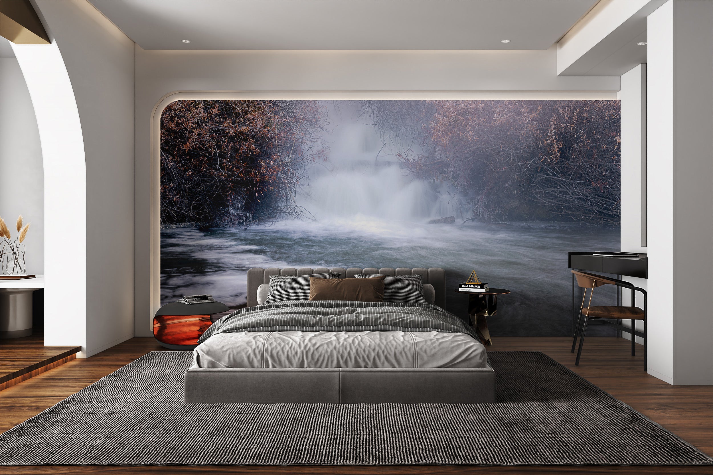 Tranquil misty waterfall wallpaper design
