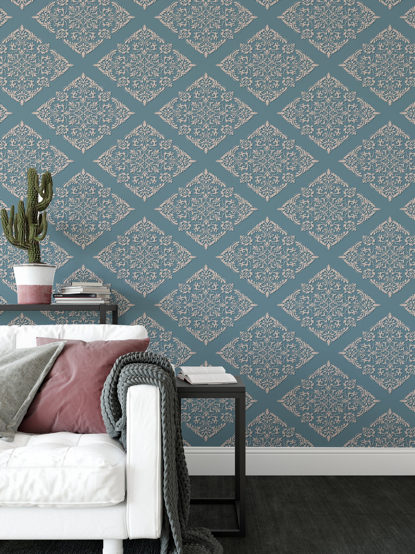 Blue Color Modern Damask Wallpaper For Walls