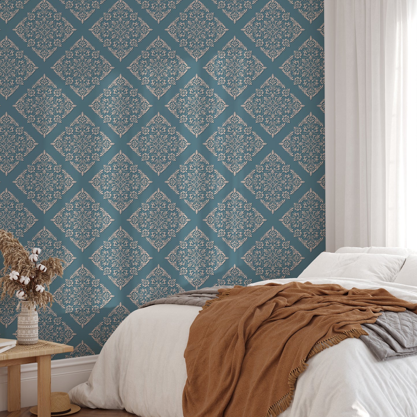 Blue Color Modern Damask Wallpaper For Walls