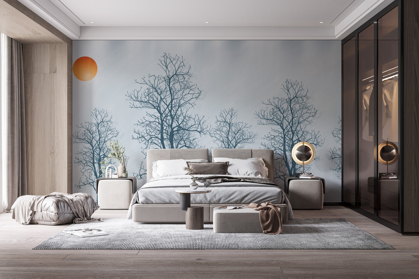 Gray Forest Crimson Sun Wallpaper Mural