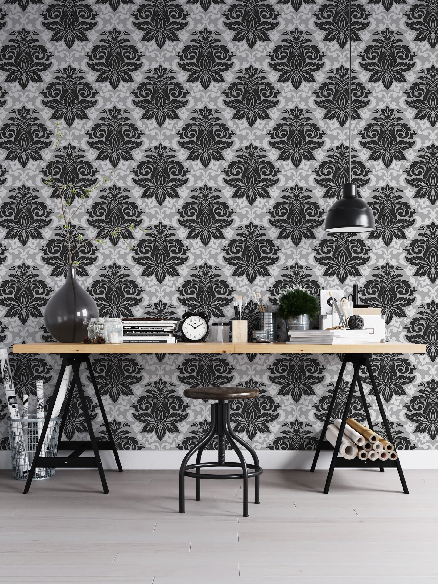 Black and White Greyish Damask Self Adhesive Wallpaper