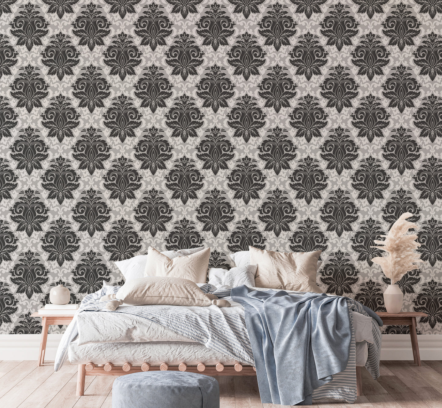 Black and White Greyish Damask Self Adhesive Wallpaper