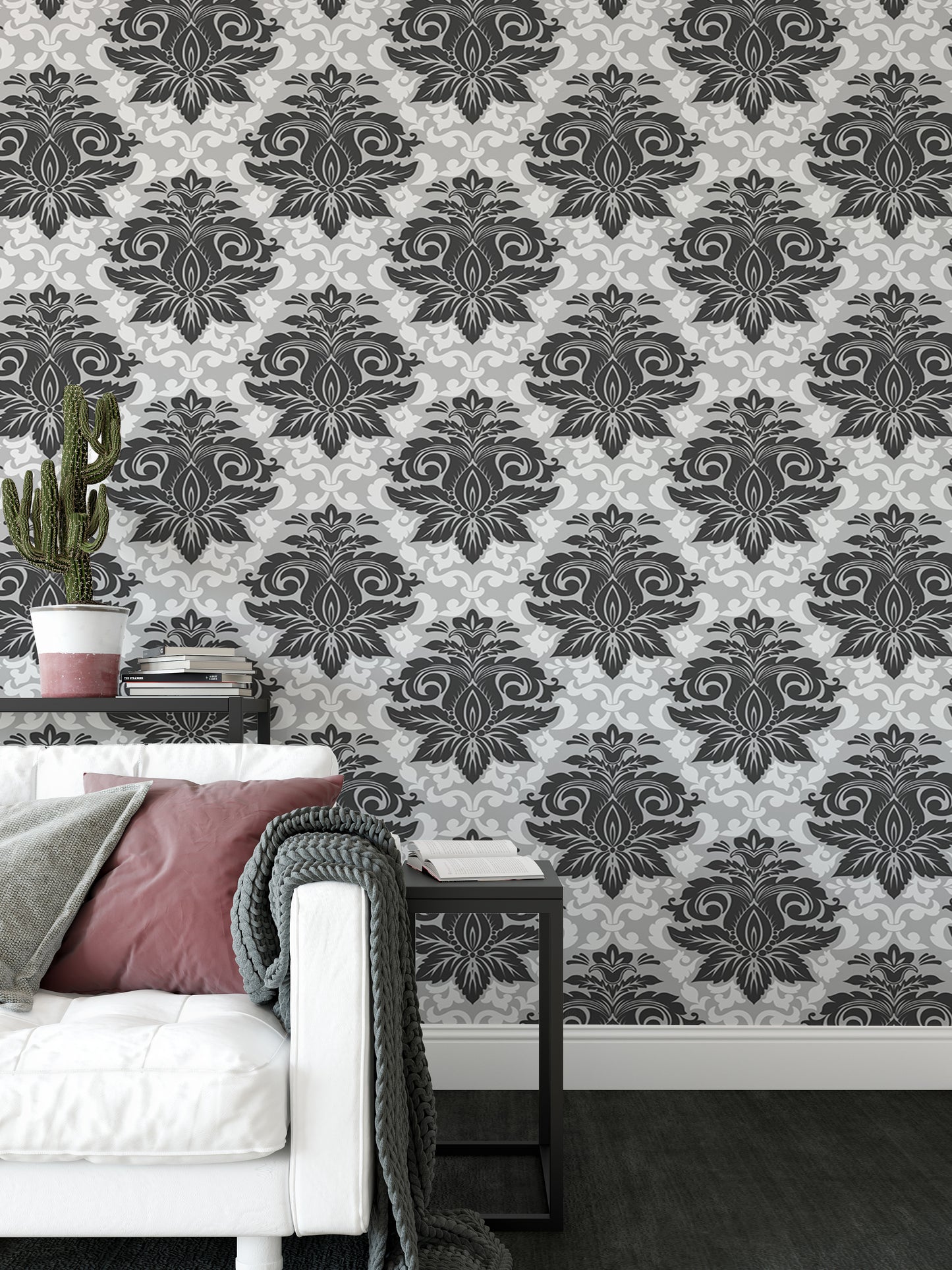 Black and White Greyish Damask Self Adhesive Wallpaper