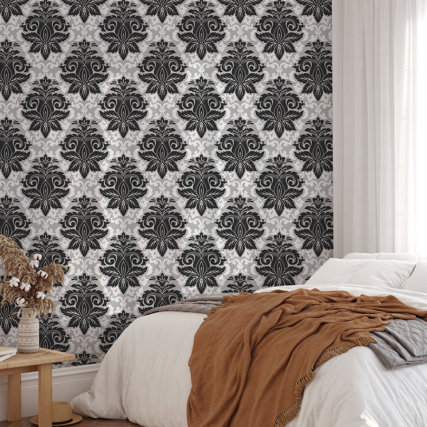 Black and White Greyish Damask Self Adhesive Wallpaper