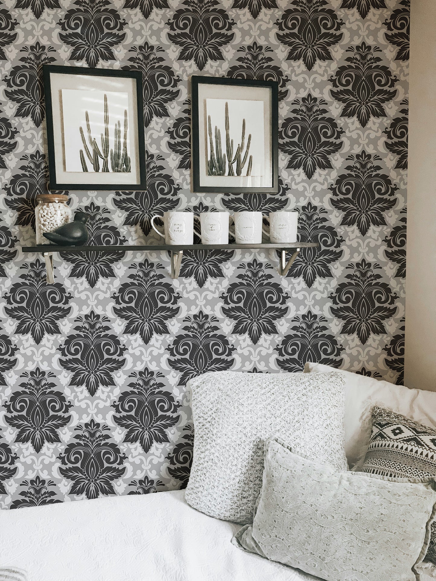 Black and White Greyish Damask Self Adhesive Wallpaper