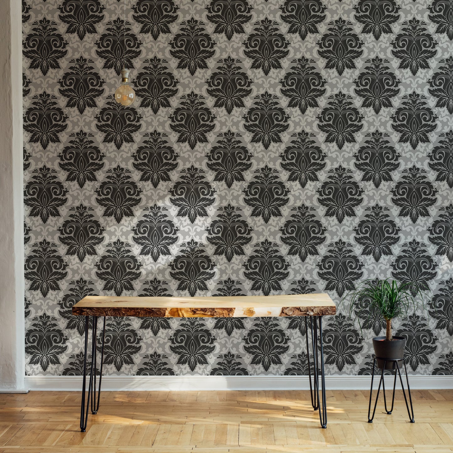 Black and White Greyish Damask Self Adhesive Wallpaper