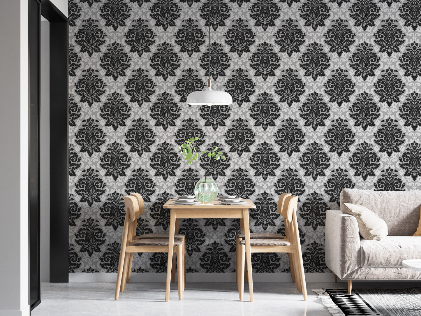 Black and White Greyish Damask Self Adhesive Wallpaper