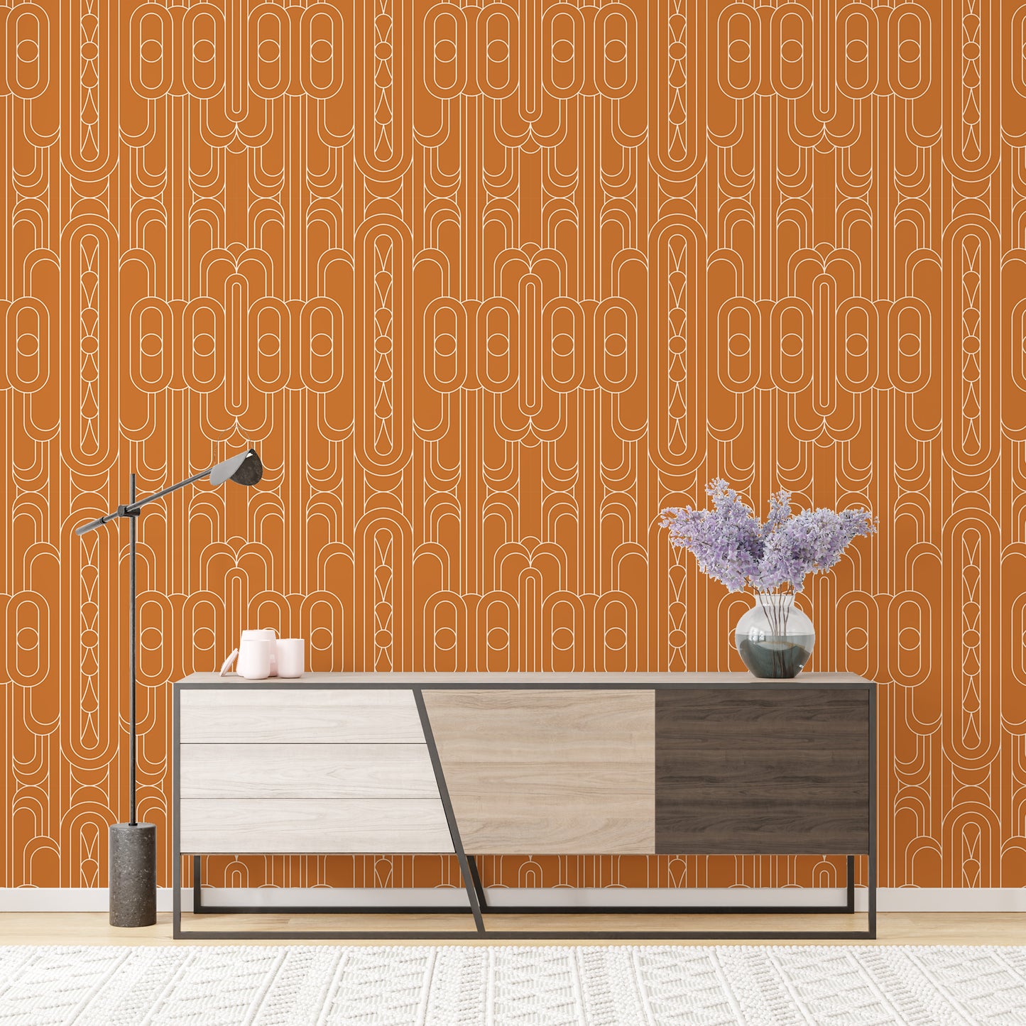 Geometric white accents on orange Art Deco.