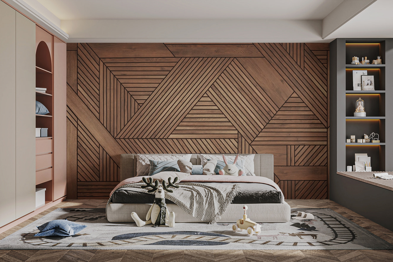 Stylish geometric pattern mural with wooden textures
