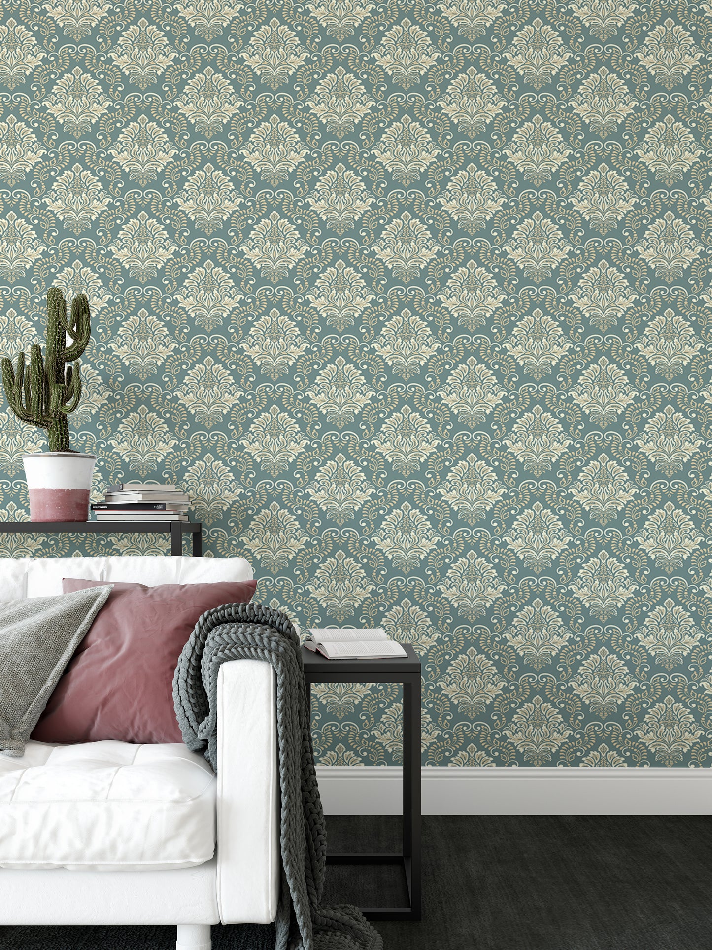 Green Vintage Baroque Damask Design Wallpaper