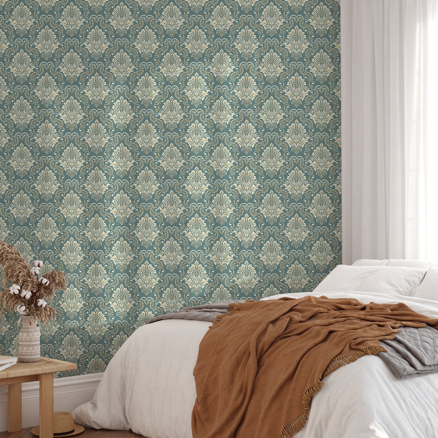 Green Vintage Baroque Damask Design Wallpaper