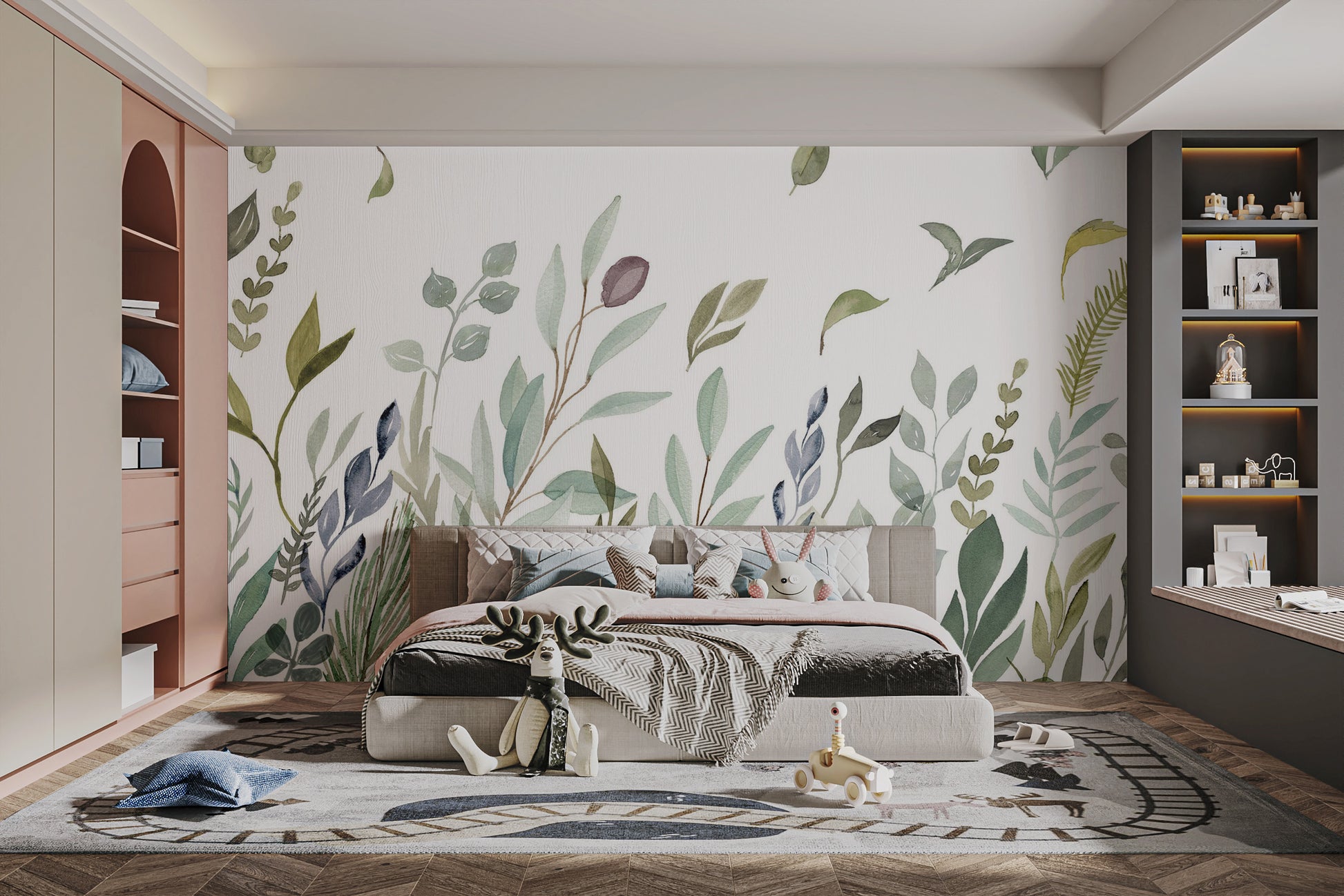 Wall mural with calming watercolor leaf illustration
