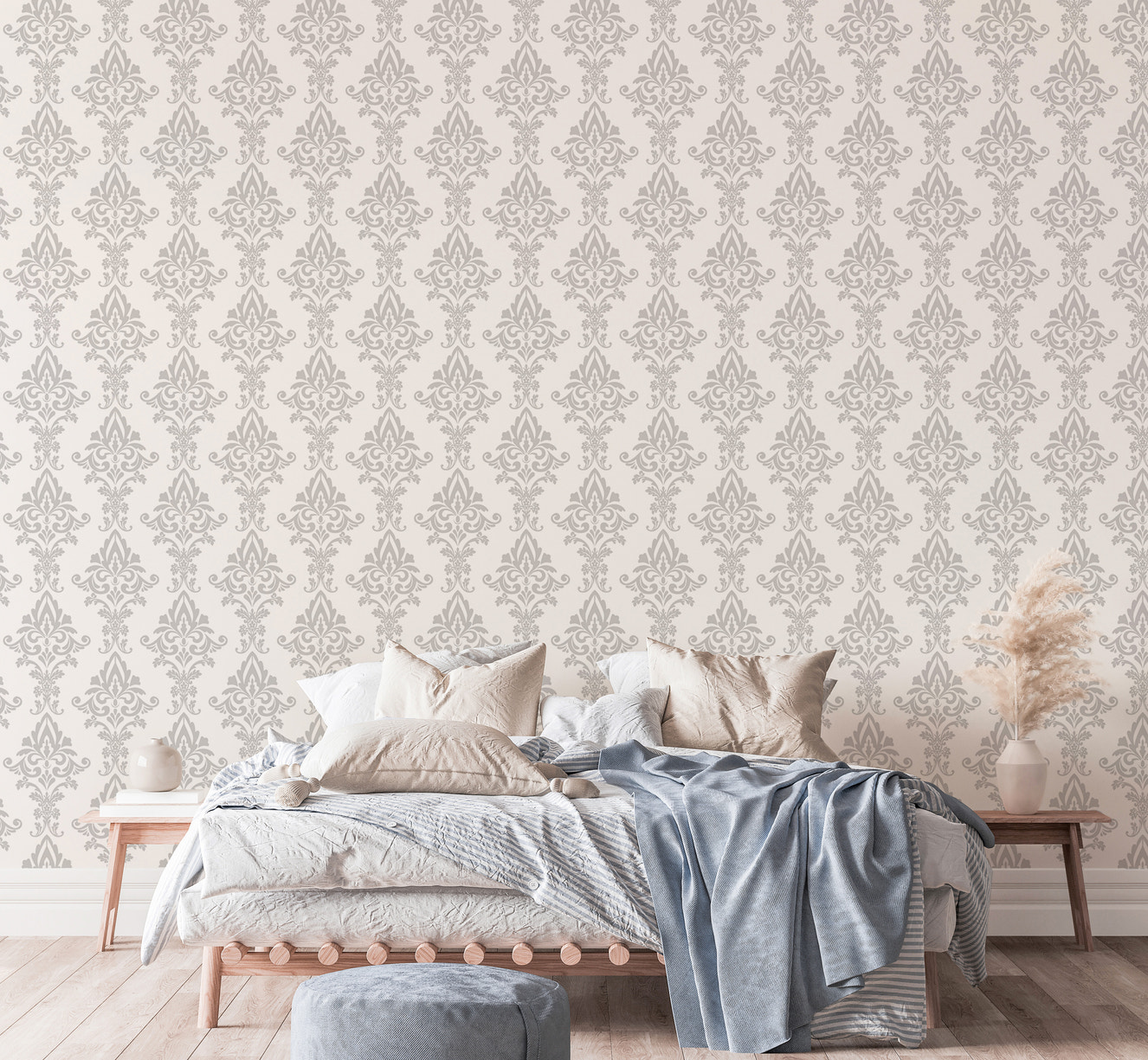 Grey and White Color Vintage Damask Wallpaper