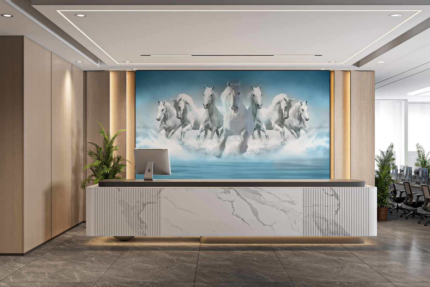 3D mural of seven white horses galloping fast