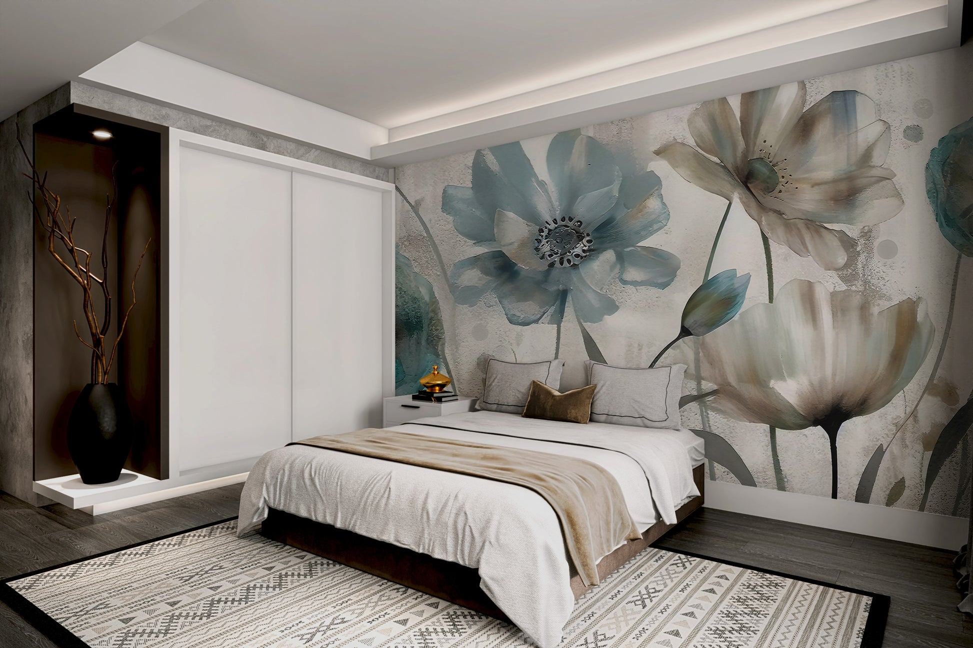 Muted color botanical wall mural for serene interiors
