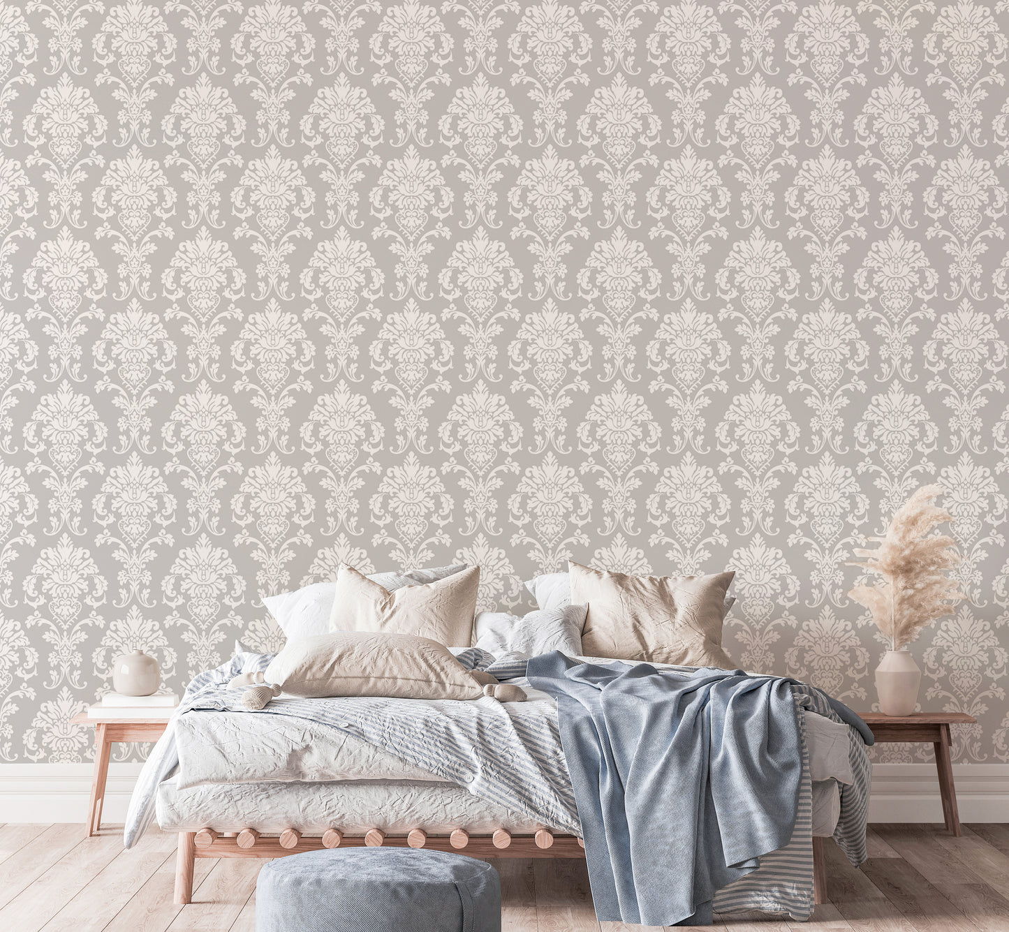 Elegant Gray Color Repeat Pattern Damask Wallpaper