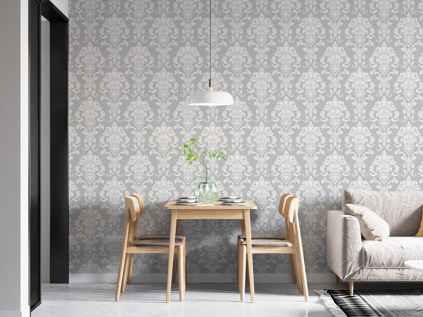 Elegant Gray Color Repeat Pattern Damask Wallpaper