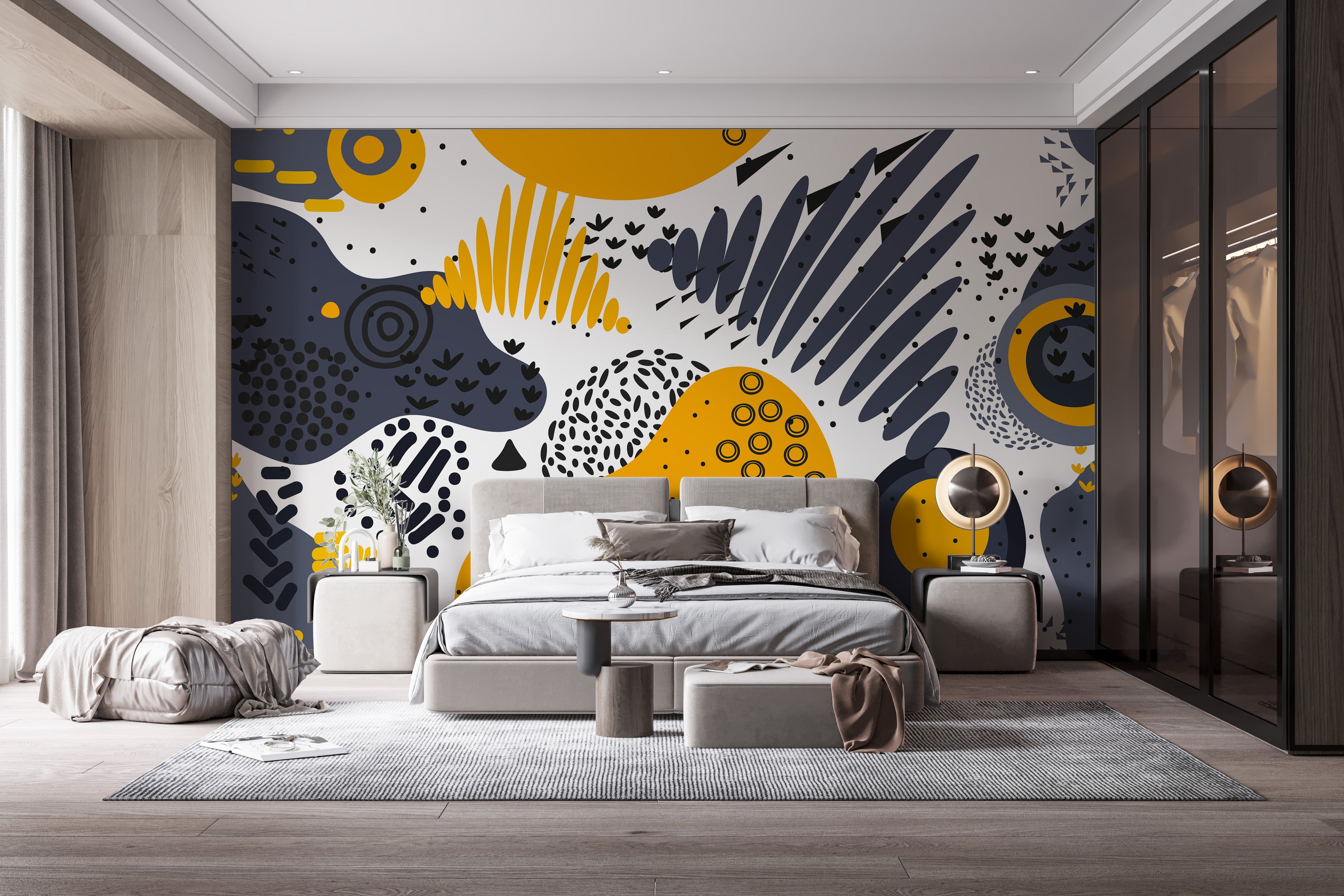 Minimal yellow and gray abstract mural
