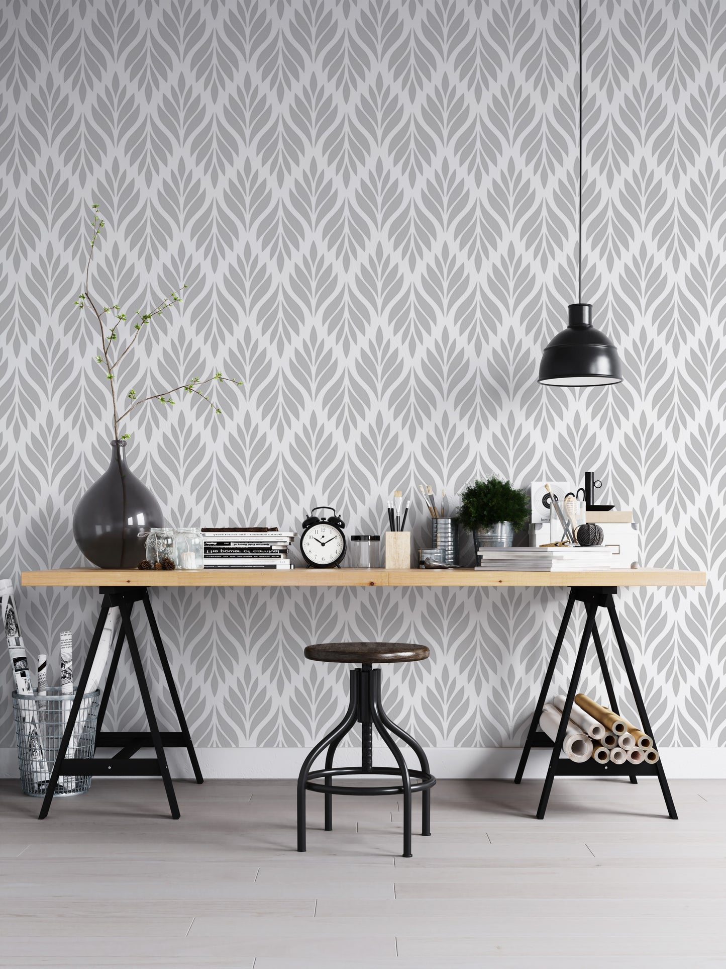 Grey Color Leaves Damask Design Wallpaper For Walls