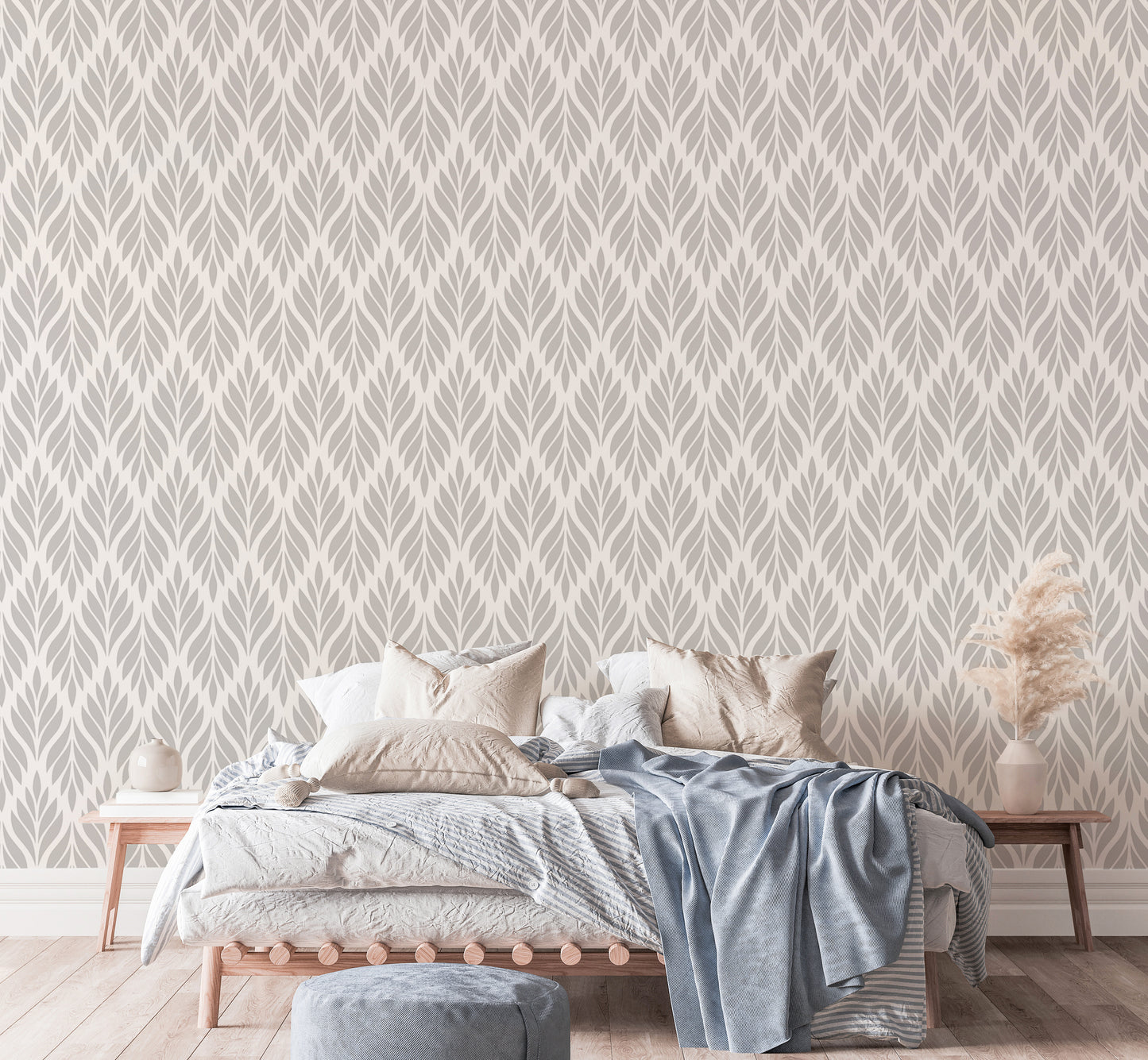 Grey Color Leaves Damask Design Wallpaper For Walls