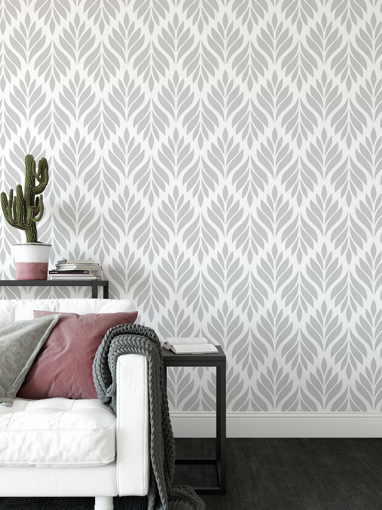 Grey Color Leaves Damask Design Wallpaper For Walls