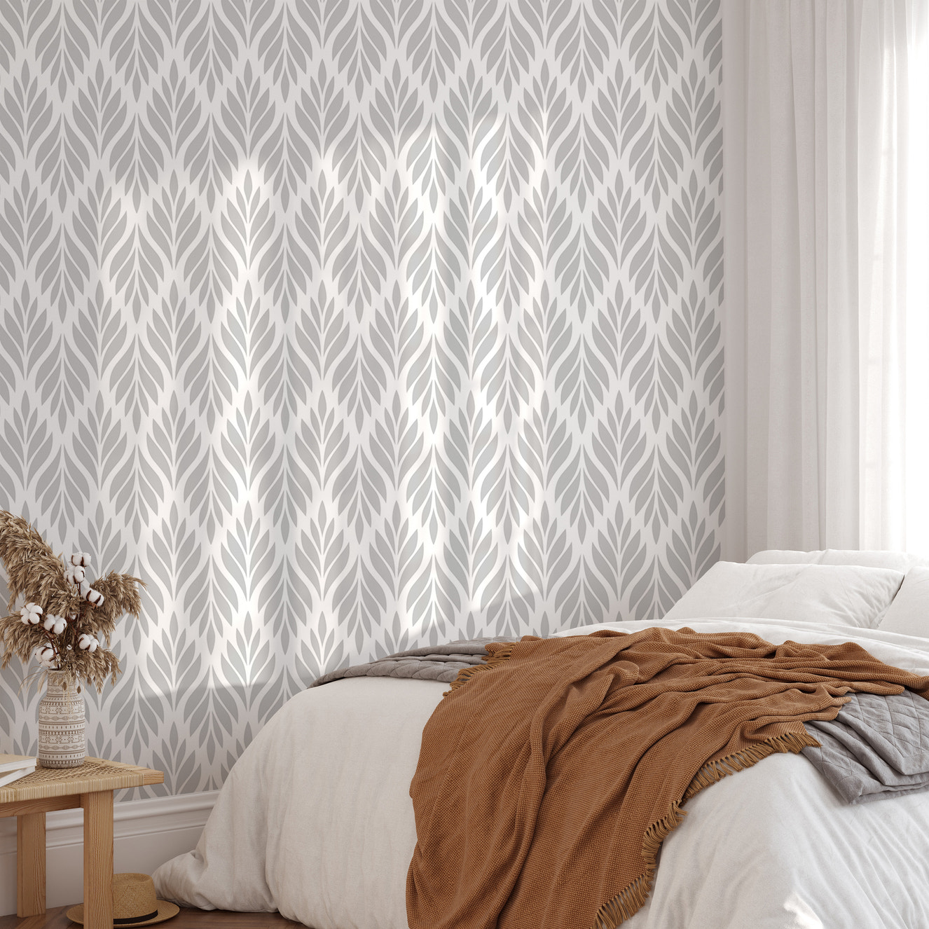 Grey Color Leaves Damask Design Wallpaper For Walls