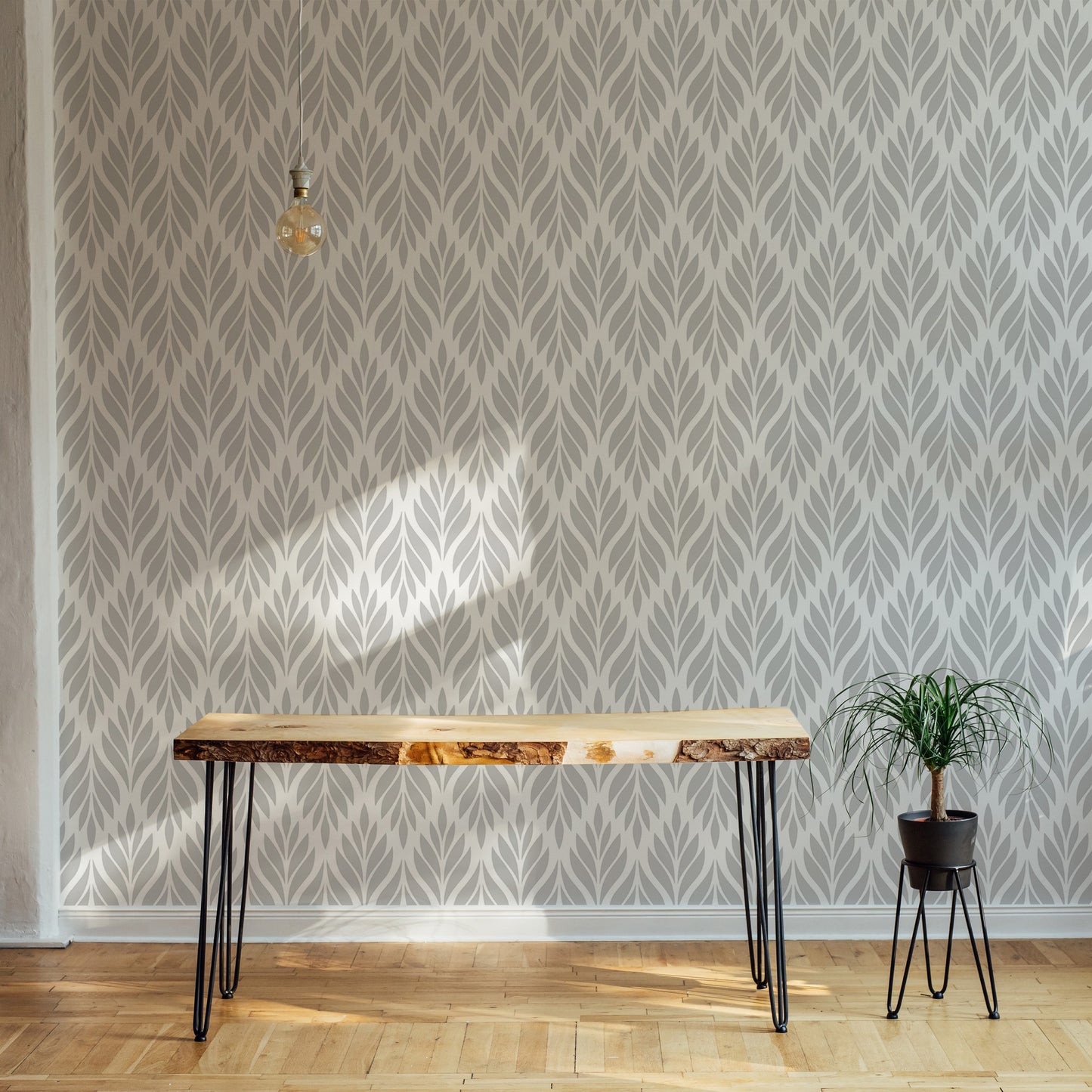 Grey Color Leaves Damask Design Wallpaper For Walls