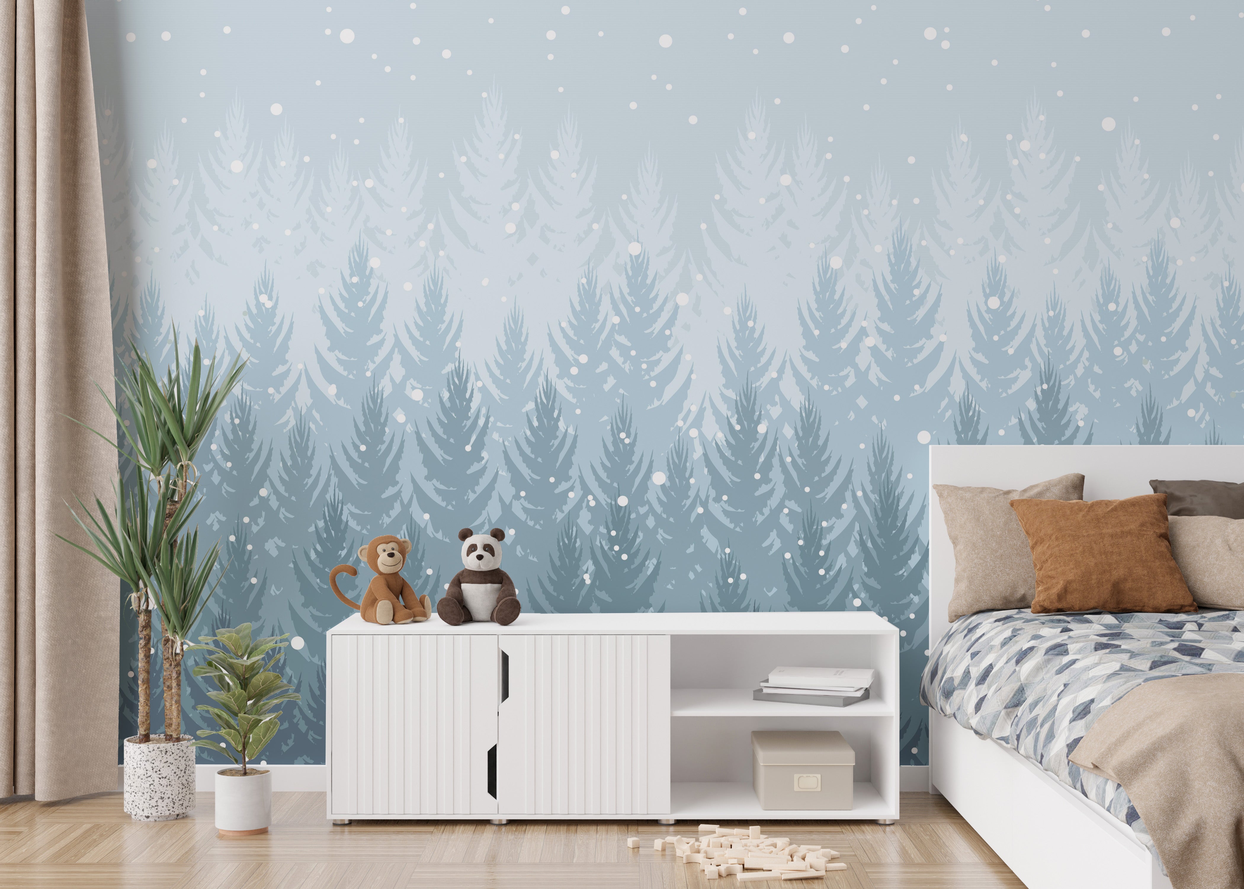 Serene tropical winter forest mural for decor
