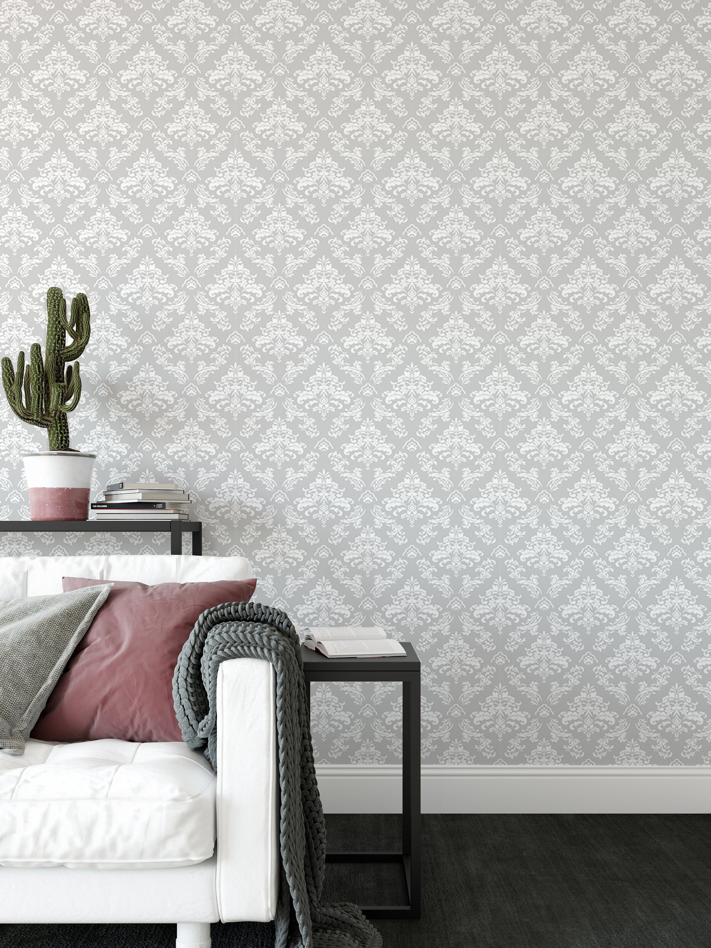 White Color Mini Damask Design Wallpaper For Walls