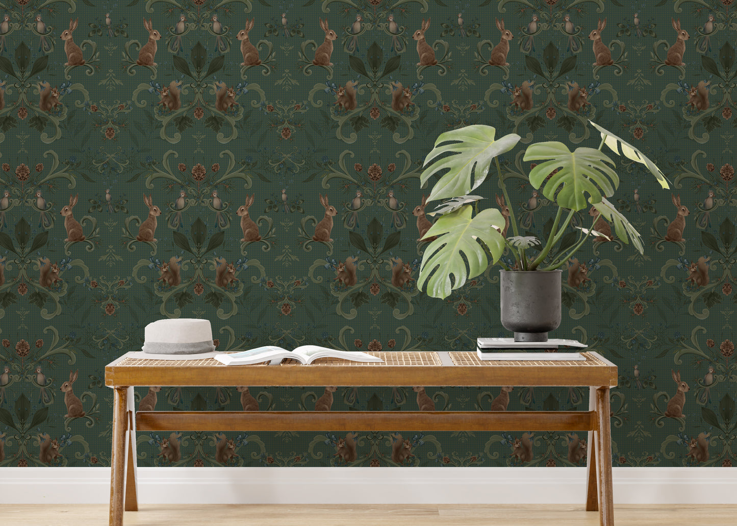 Classic Victorian-inspired wallpaper with forest elements