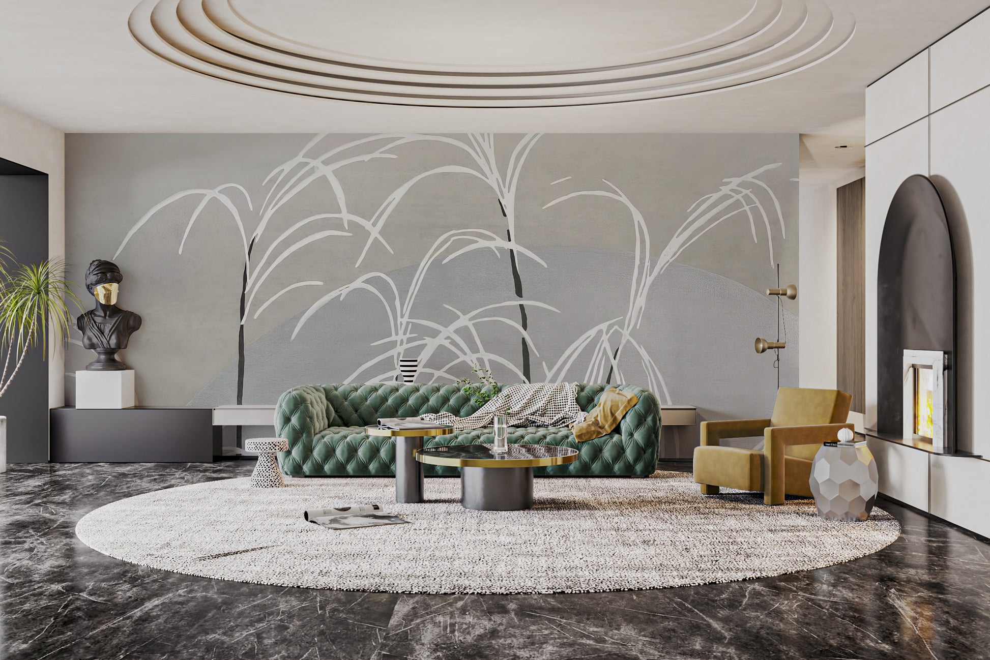 Tranquil wall mural with flowing white reed details
