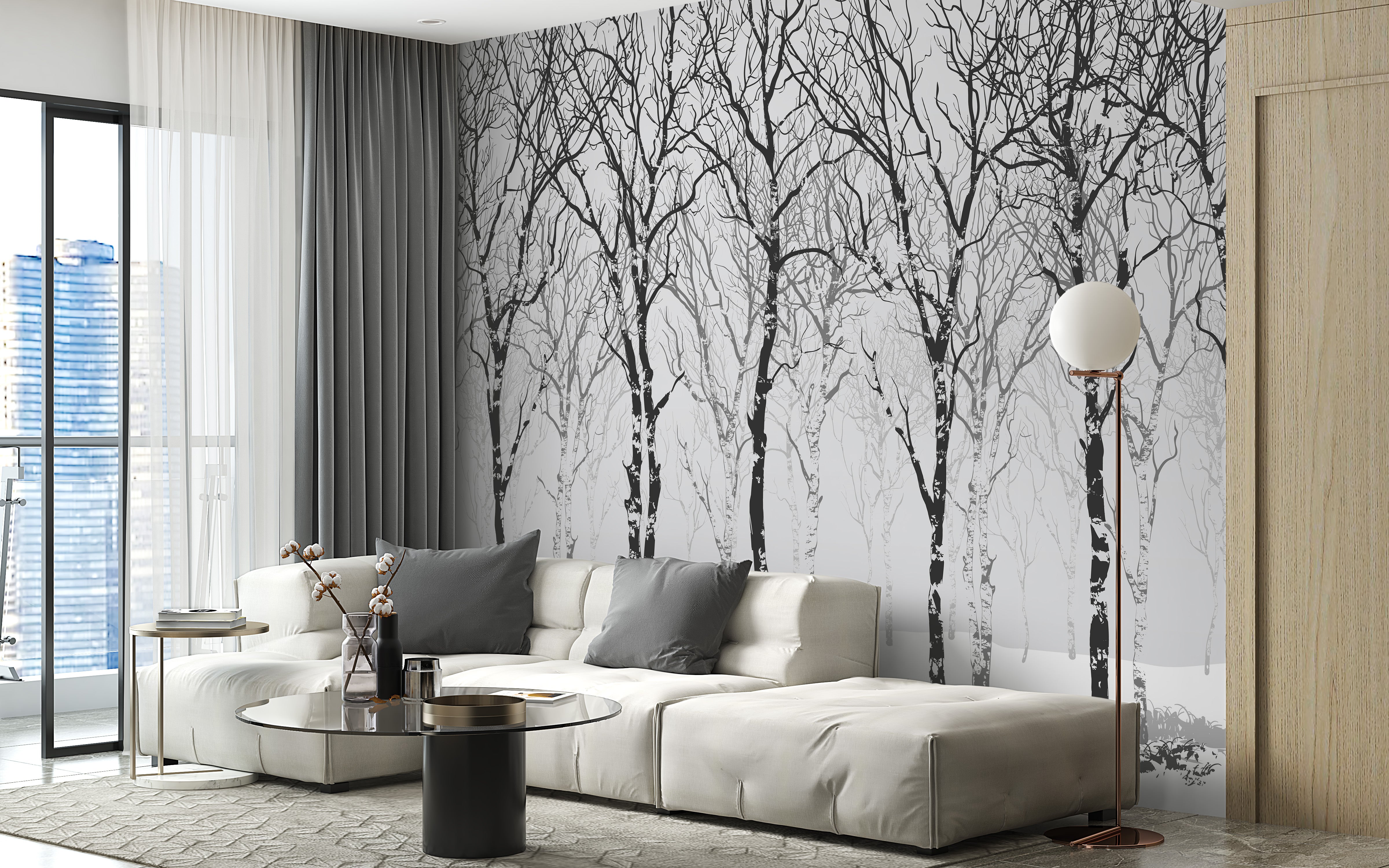 Winter birch mural wallpaper with trees
