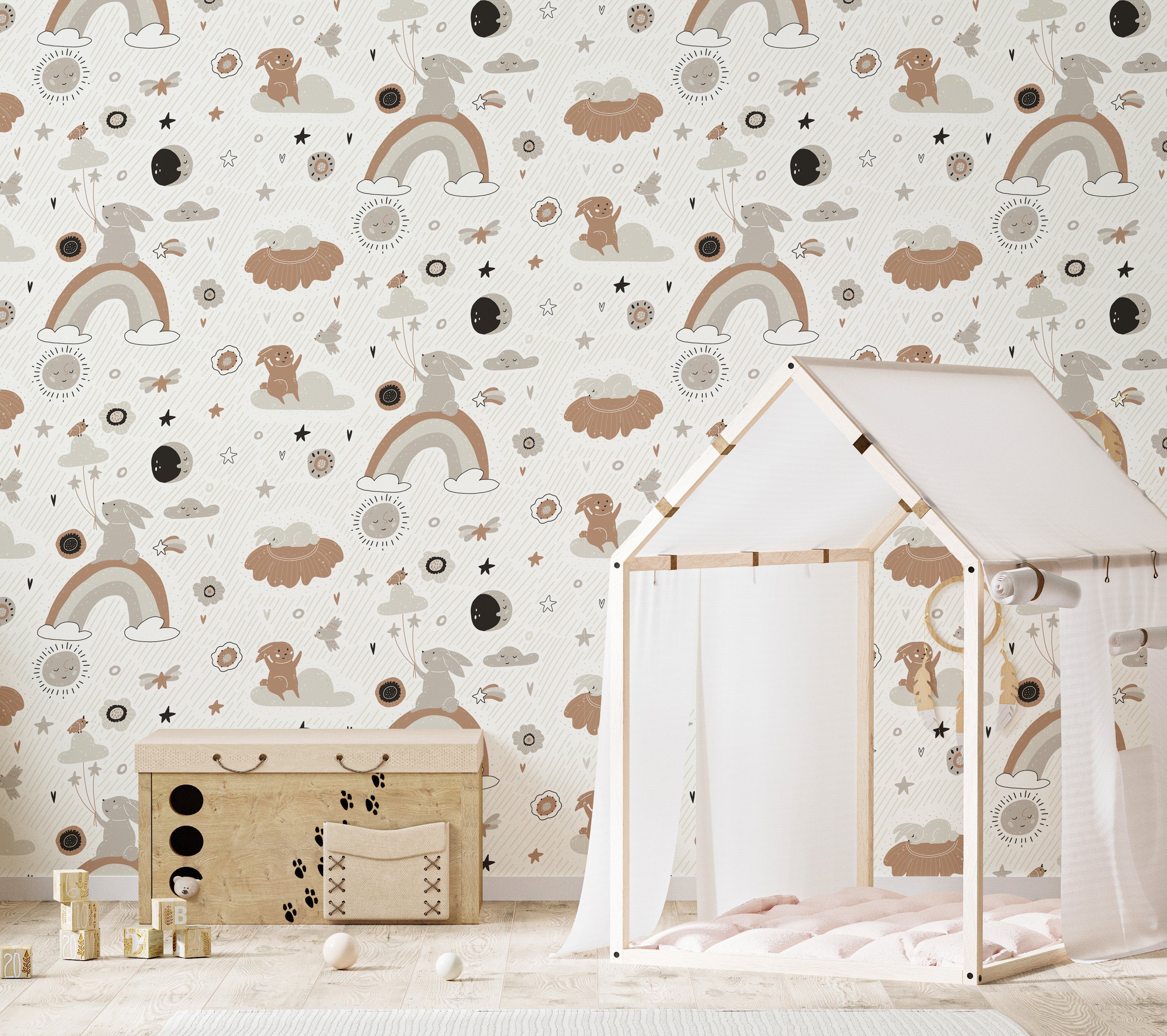 Boho kids wall mural with cute patterns and skies