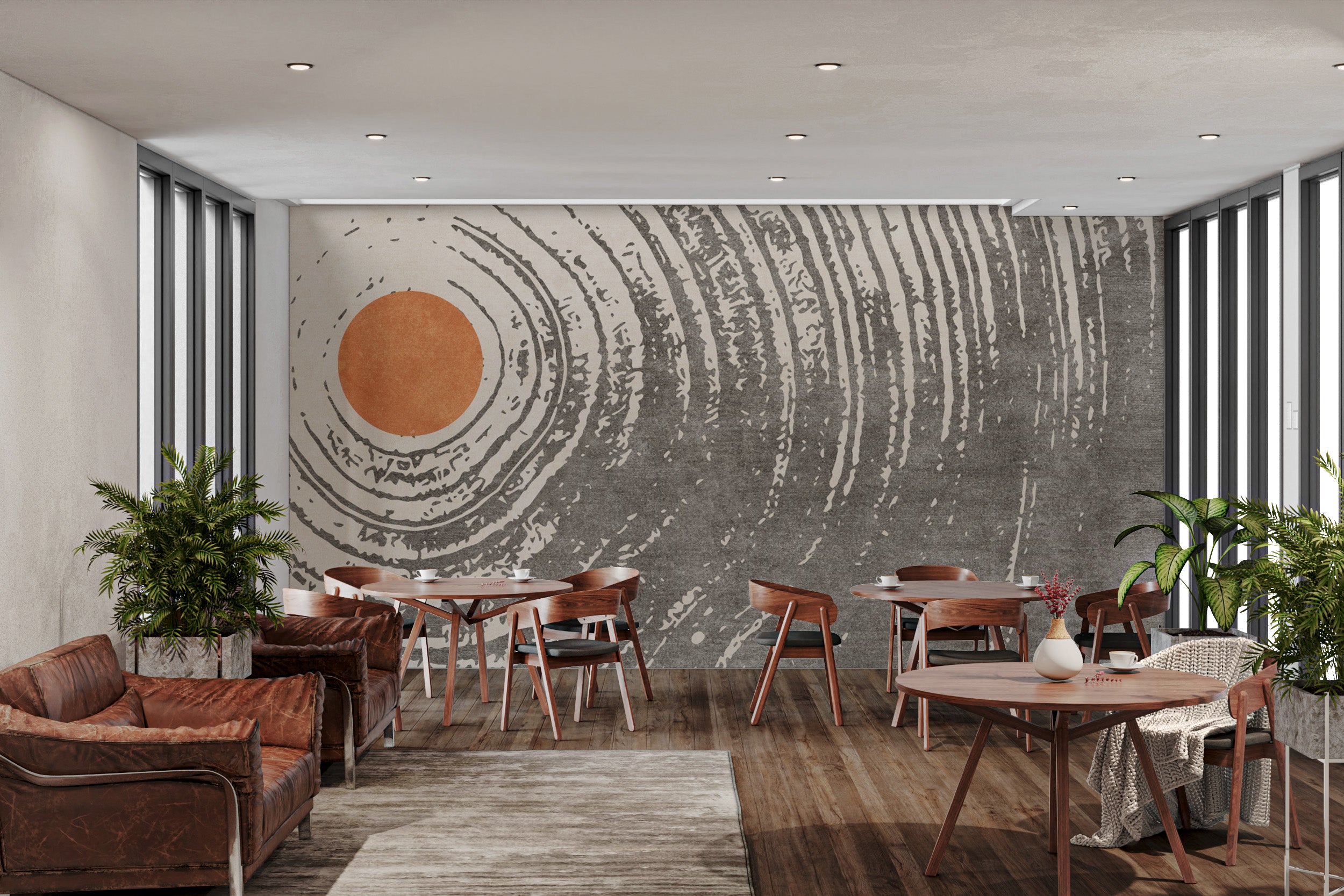 Modern wall art with a sun-inspired circular design