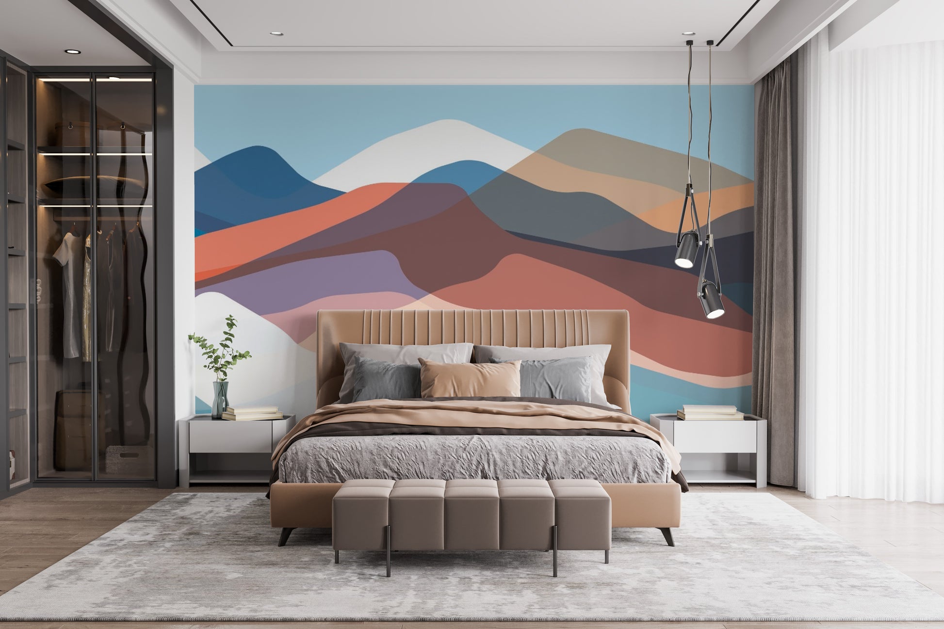 Minimalist multicolored mountain mural with transparent overlapping shapes