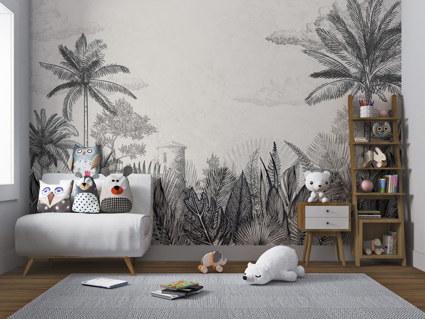 Vintage Tropical Botanical Monochrome Mural